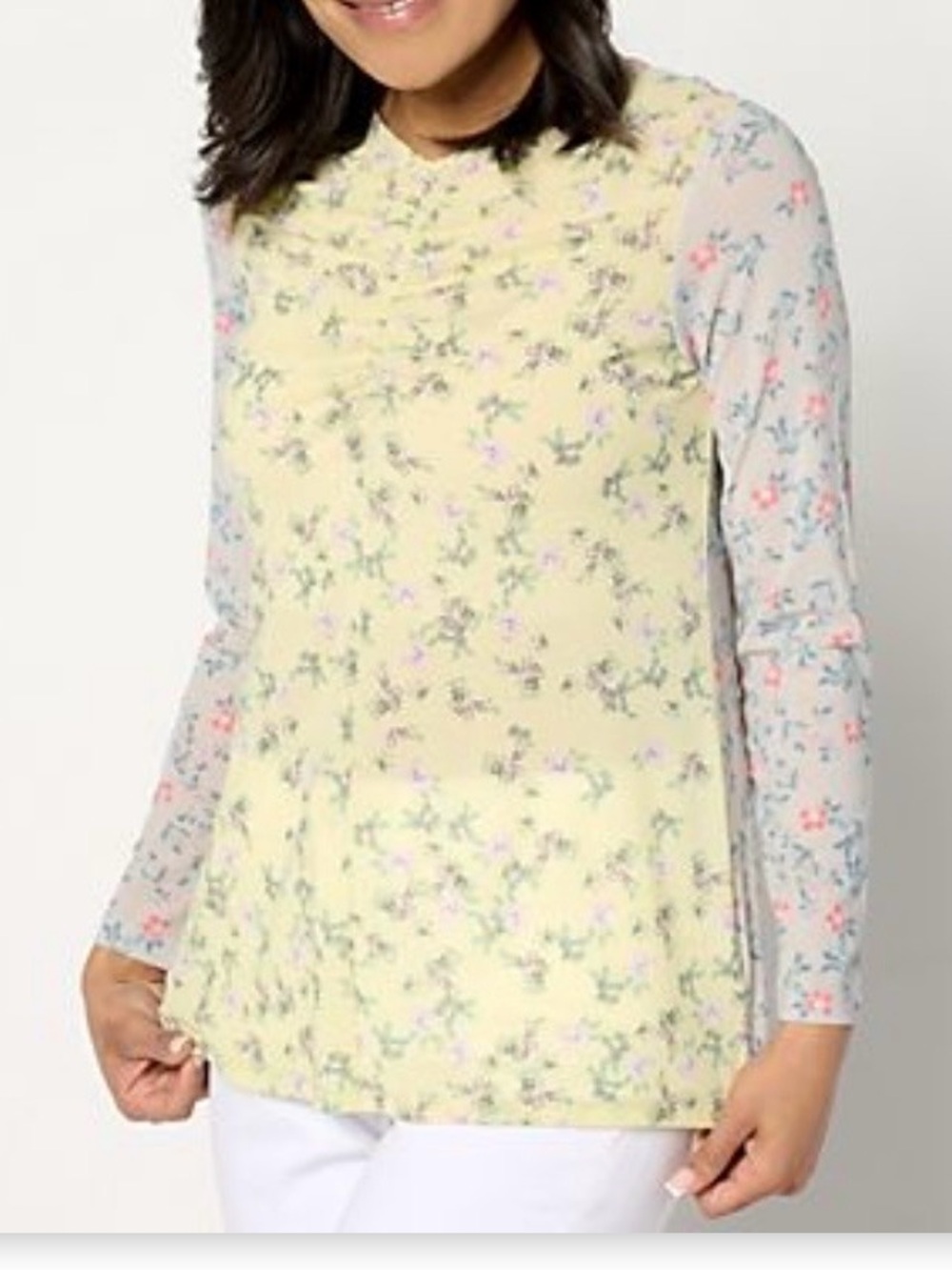 Women's Logo Layers floral ruched mesh Long Sleeve Top - Yellow